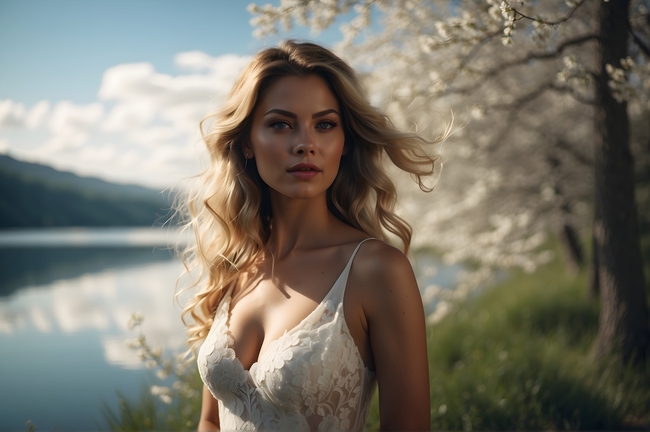 站在湖边的欧美性感美女图片