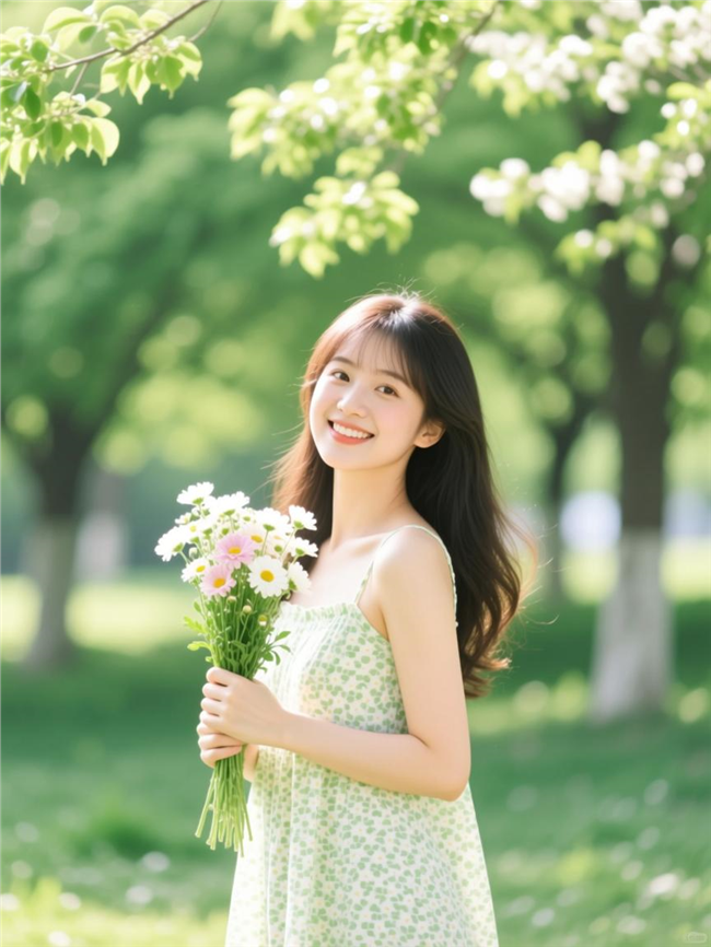 春光明媚元气满满手捧花美女写真图片