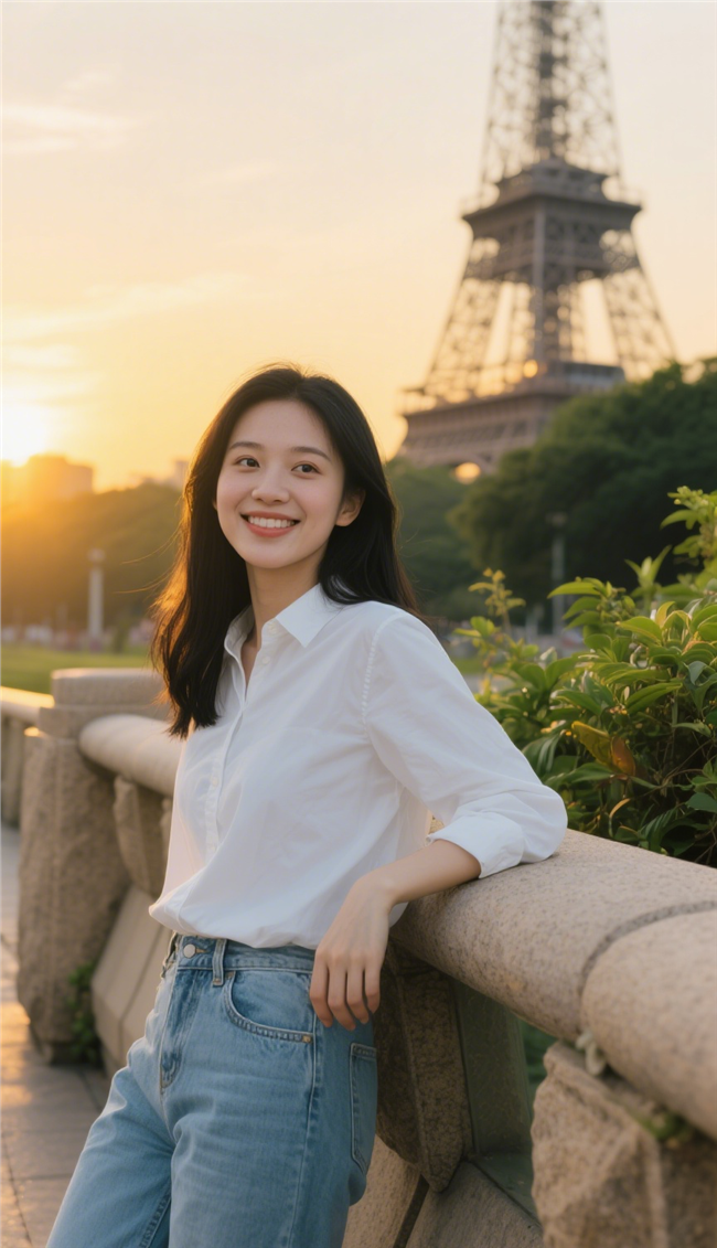 黄昏白色衬衫牛仔裤美女写真图片