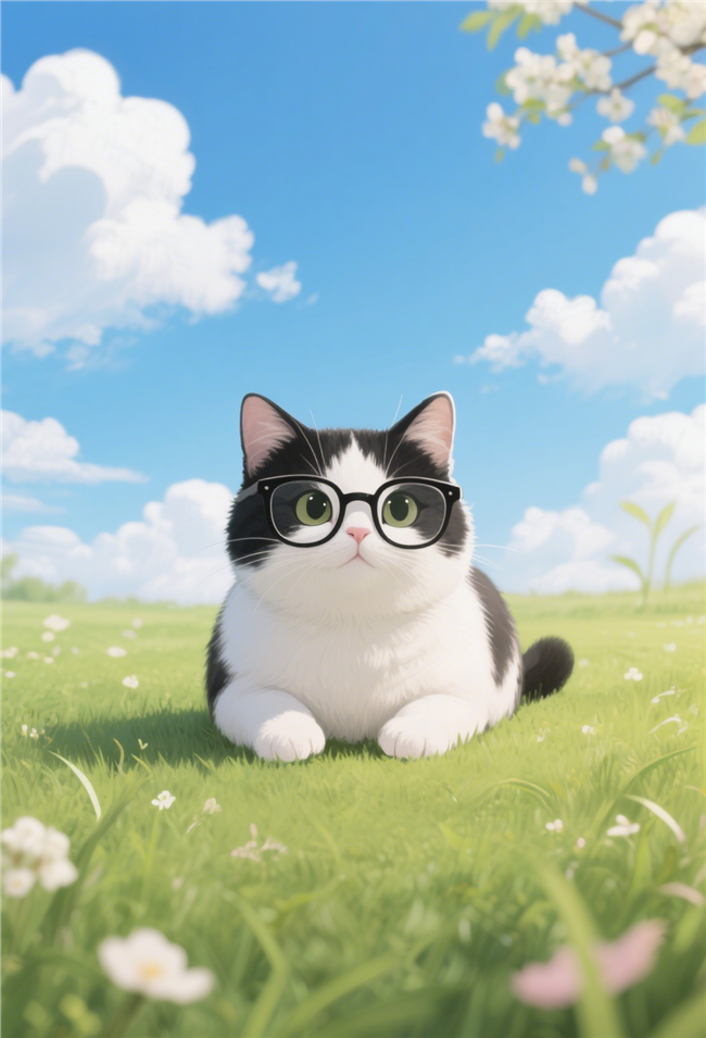 蓝天白云可爱肥猫卡通插画图片