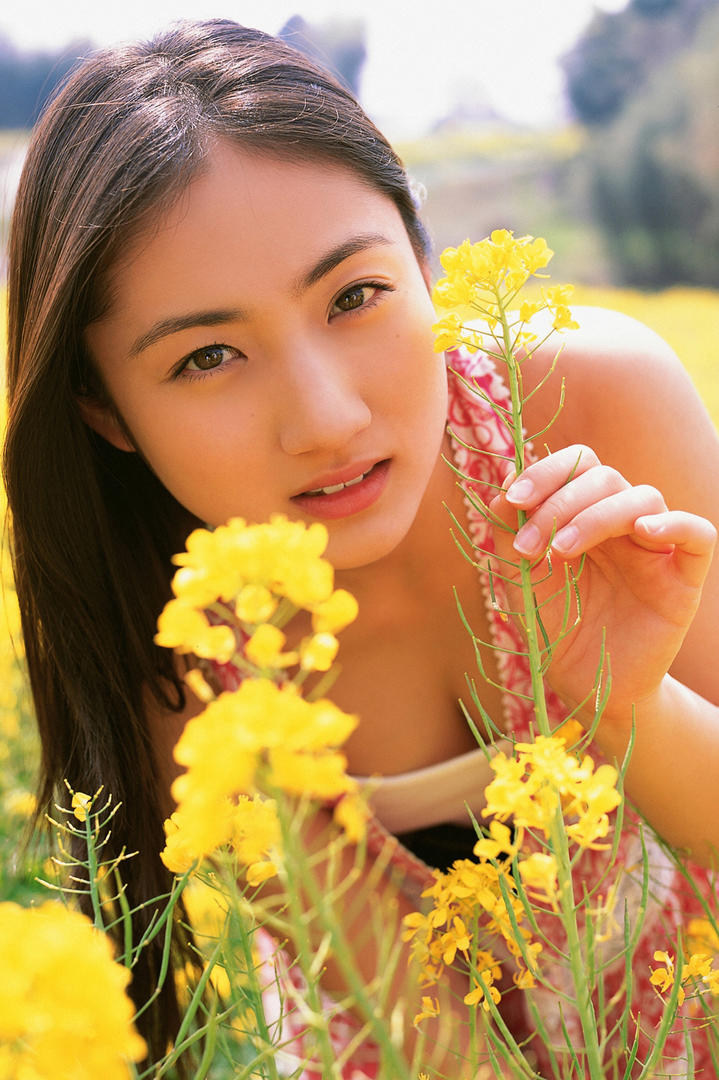 油菜花田里的日本清纯美女头像写真图片