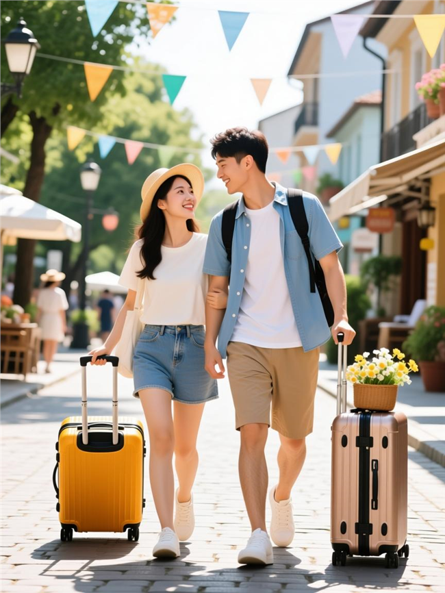 夏日街头旅行情侣摄影图片