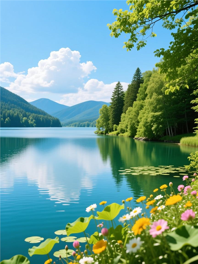 夏季蓝色湖泊风光摄影图片