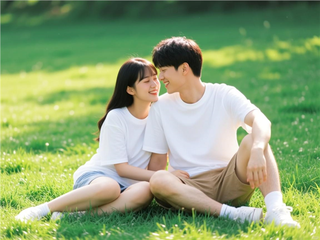 坐在草地上的一对年轻情侣图片