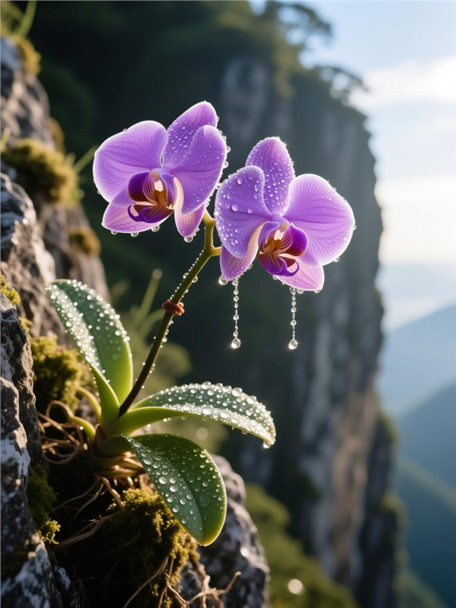 悬崖峭壁上的一朵蝴蝶兰图片