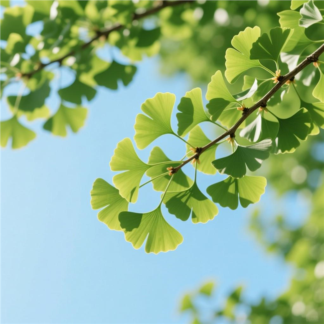 绿色小清新银杏叶局部摄影图片