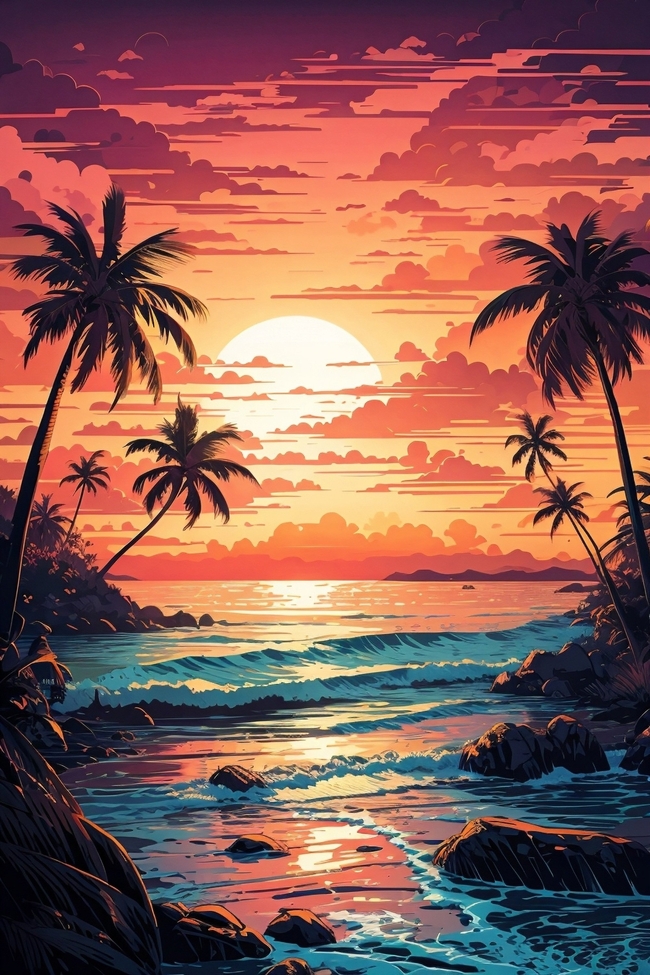 唯美夏日海边日暮黄昏卡通插画风景图片