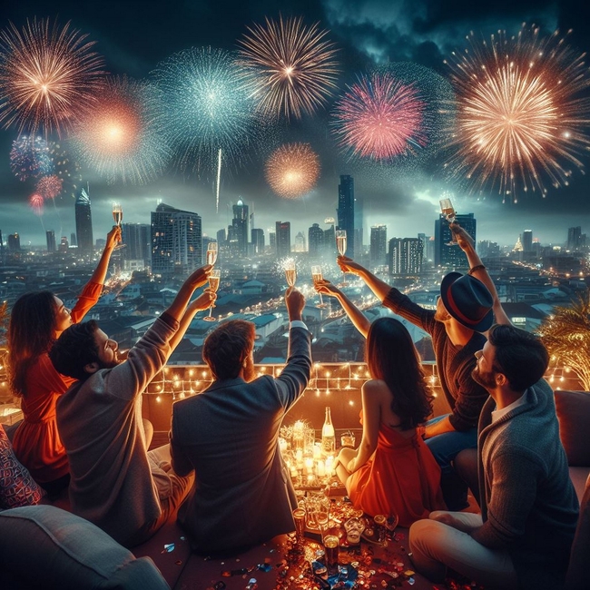 一群朋友天台上庆祝新年图片