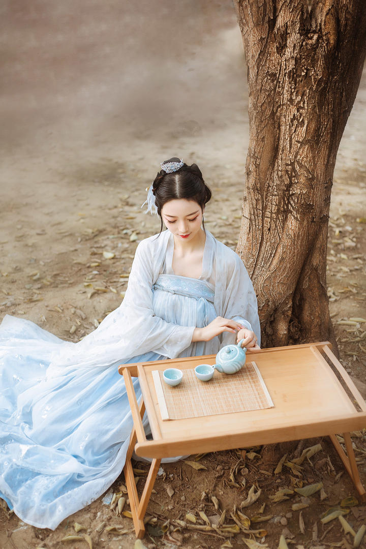 树下品茶的唯美古装美女壁纸图片