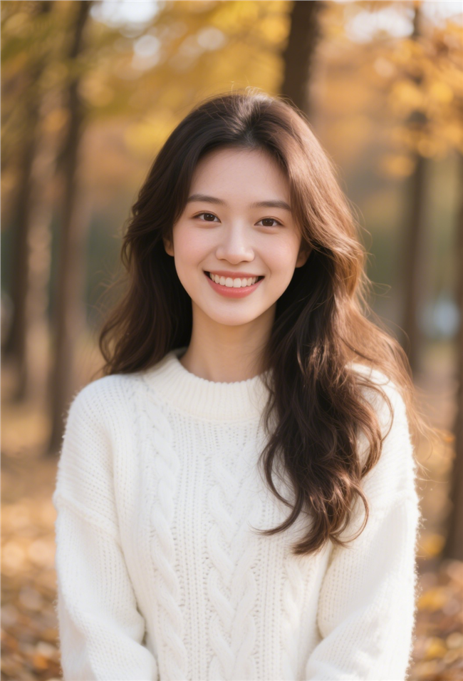 秋天树林穿着白色羊毛衣的美女图片