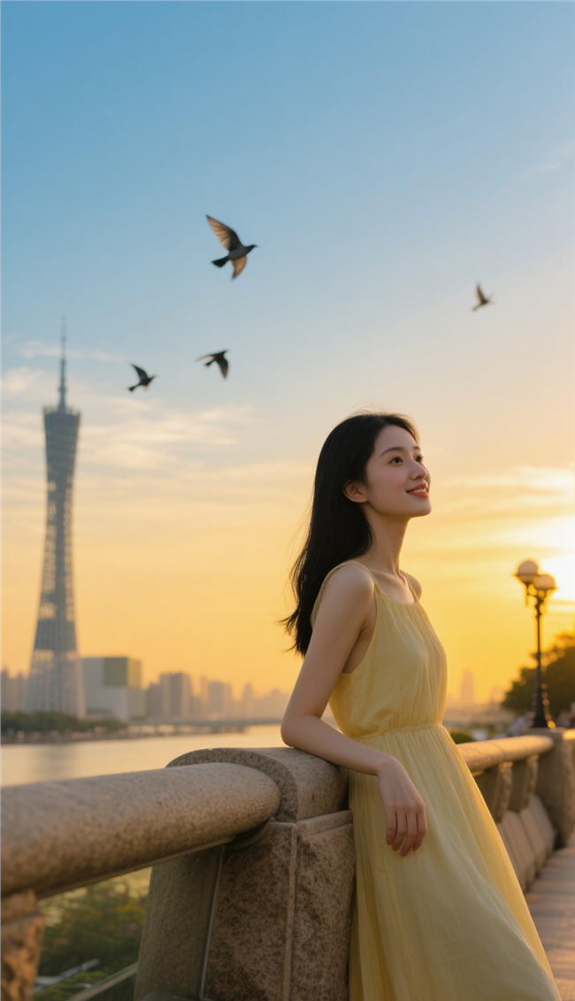 日暮黄昏城市建筑美女写真摄影图片