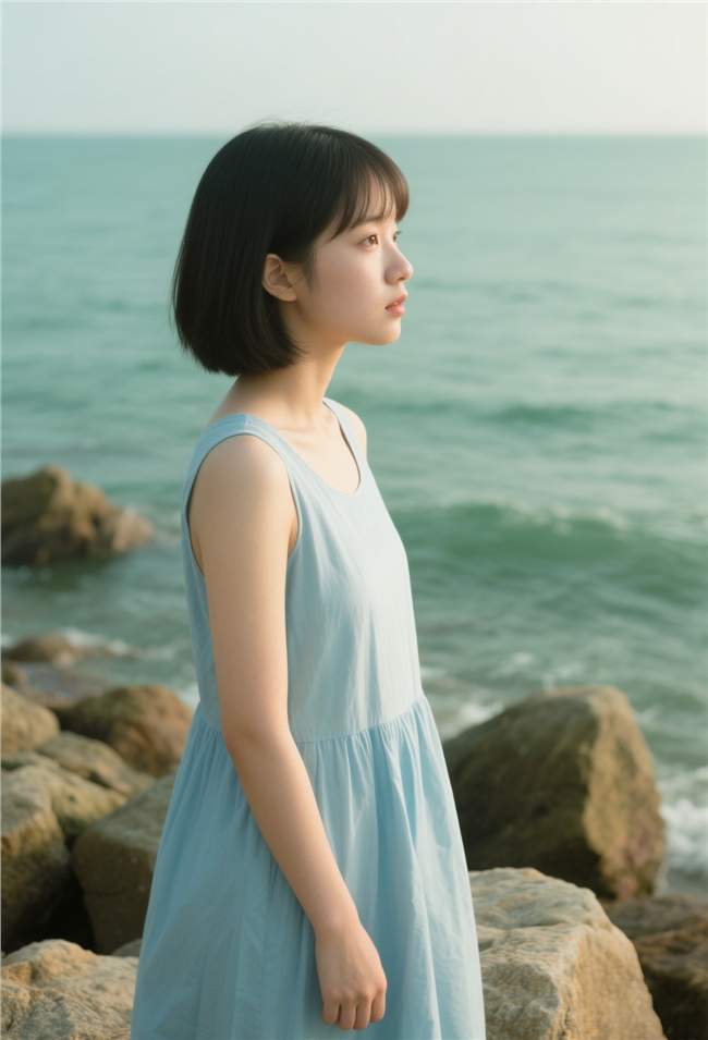 夏日海边蓝色清新连衣裙美女图片