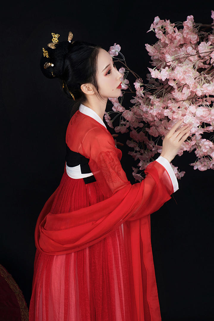 赏花的唯美喜庆中国红古装汉服美女艺术写真图片