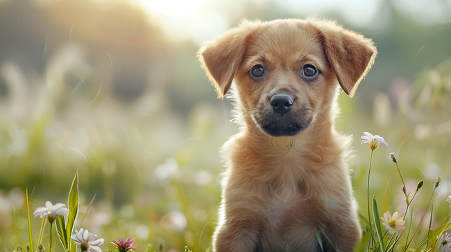 户外花草丛可爱金毛犬图片