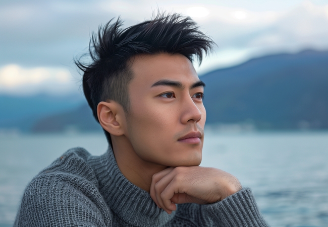 湖边亚洲帅哥肖像摄影图片