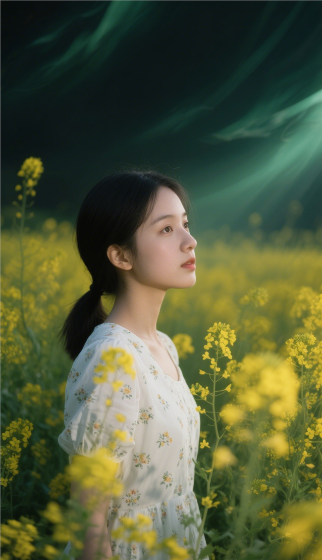 春日油菜花海碎花裙美女摄影图片