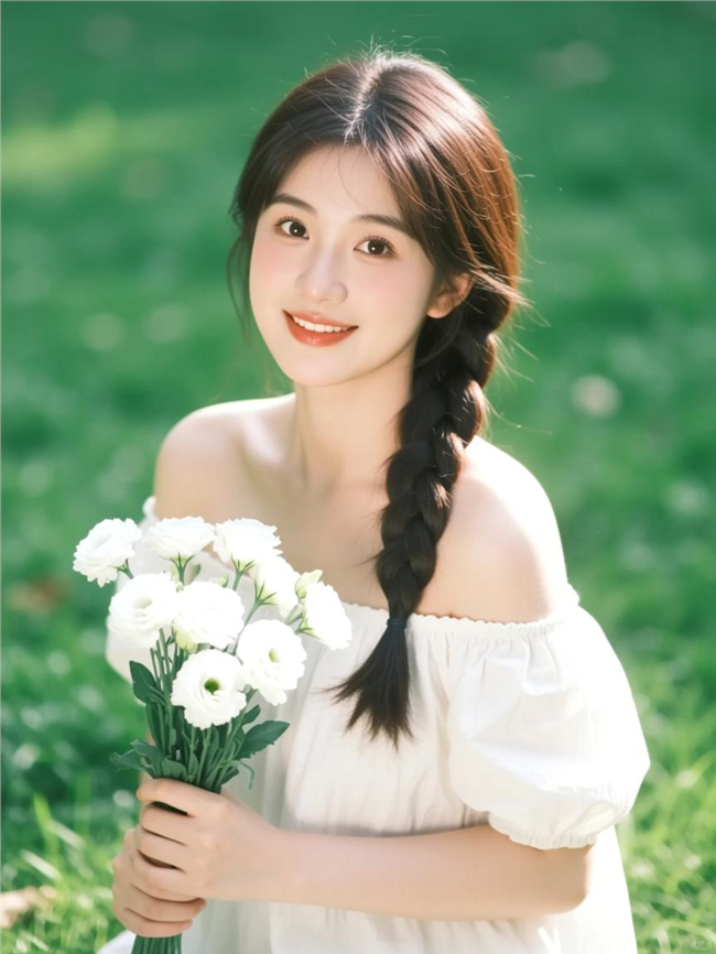 夏日清纯麻花辫手捧花美女图片