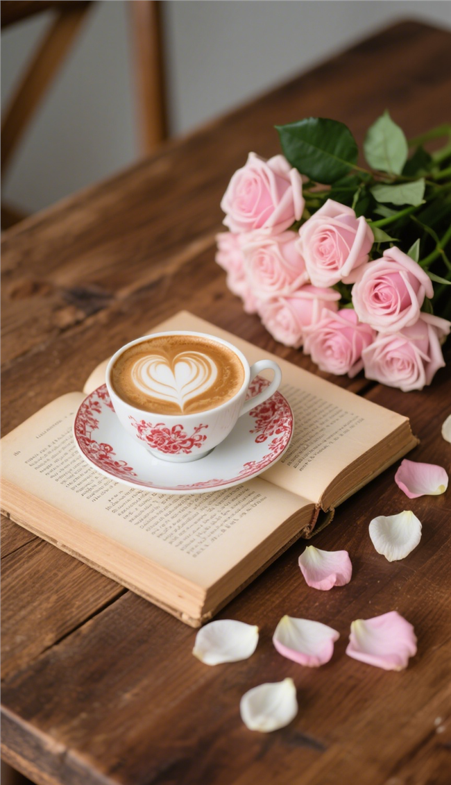 复古木桌书籍咖啡粉玫瑰摄影图片