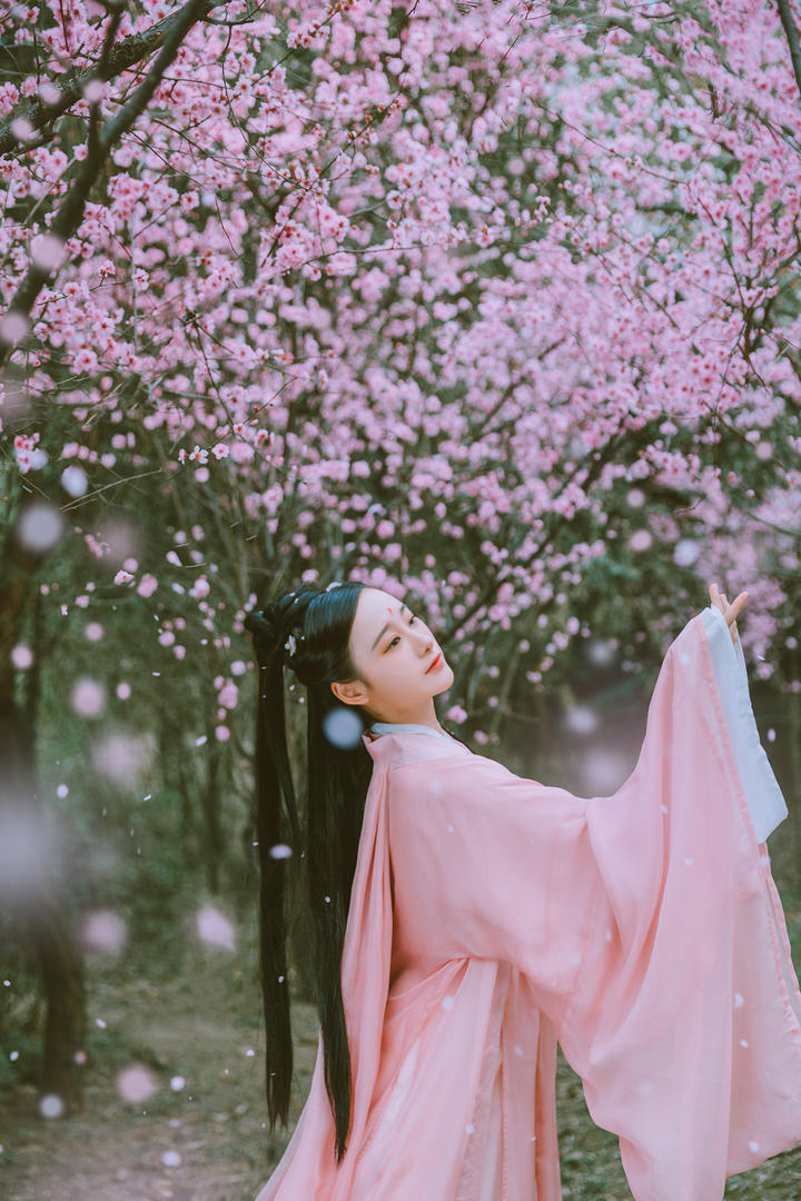 桃花树林里的古装美女图片