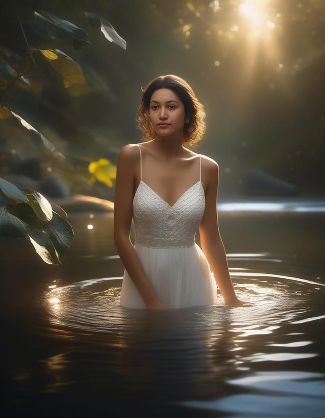 清晨阳光湖泊美女性感写真图片