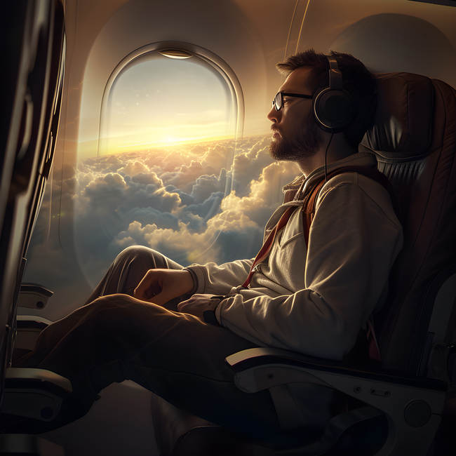 坐在航班飞机舱休息的欧美帅哥图片