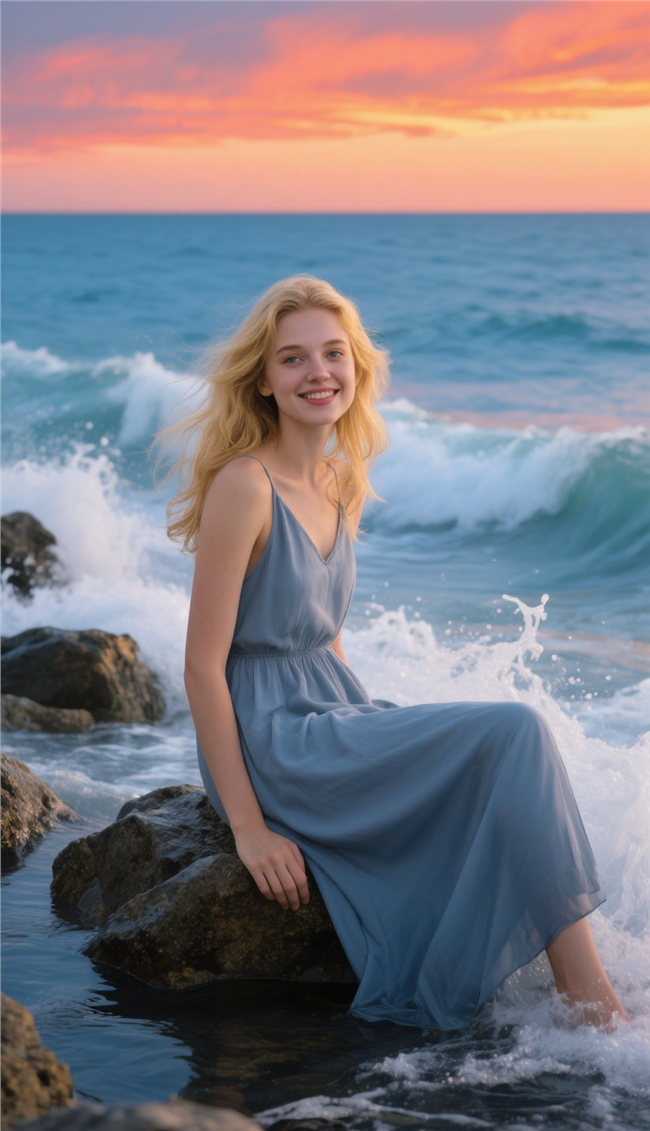 黄昏海边礁石欧美美女摄影图片