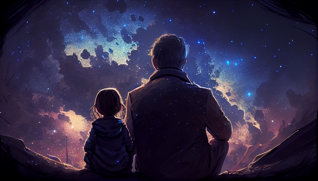 父女看星星背影卡通插画图片