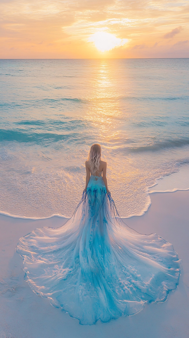 日暮黄昏唯美海边蓝色婚纱背影图片