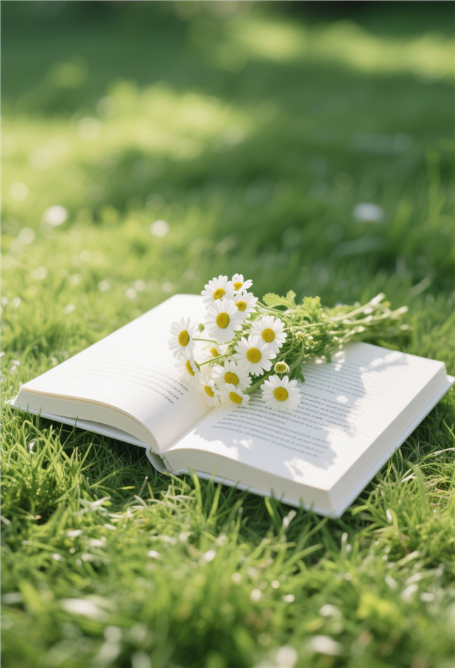绿色草地书籍上的白雏菊图片