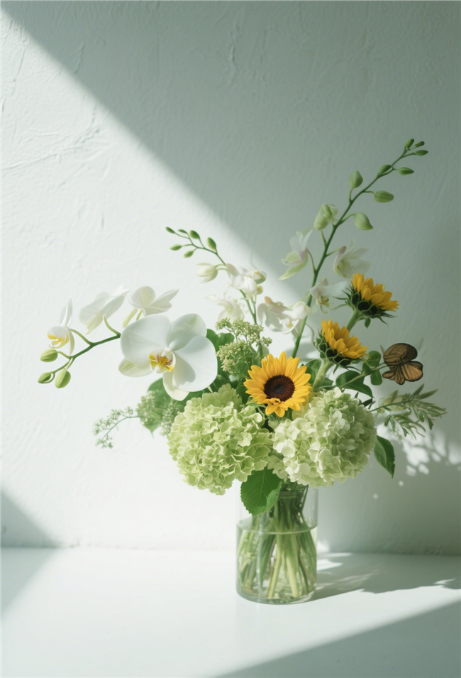 白色墙壁前置放的插花作品图片
