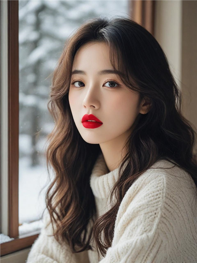 冬季窗边红唇卷发美女肖像写真图片