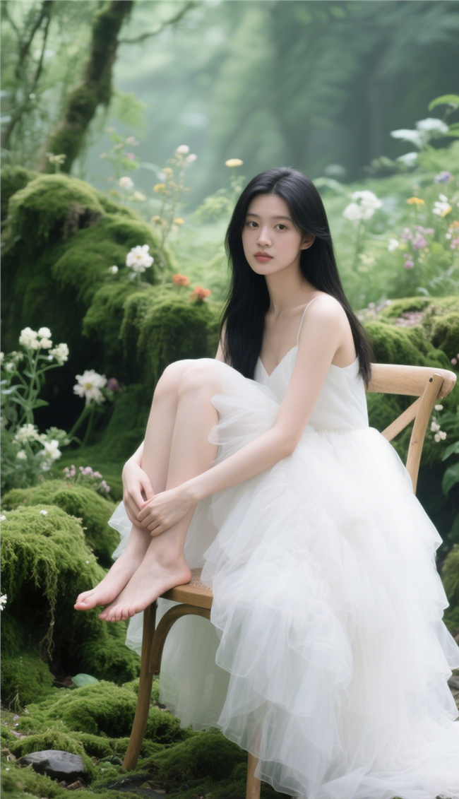 森氧风白色蓬松长裙美女写真图片