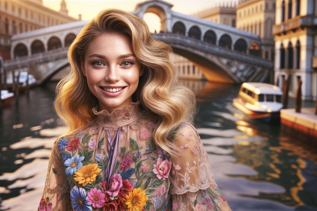 欧洲河道桥建筑美女写真摄影图片