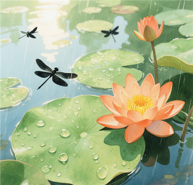 夏日雨天莲花池莲花蜻蜓摄影图片