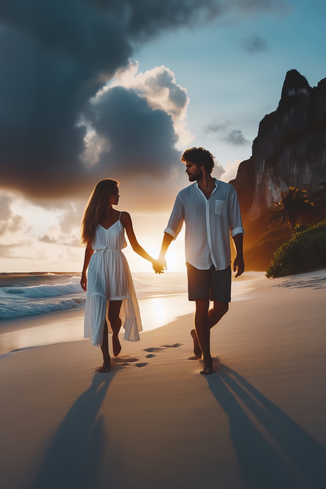 日暮黄昏海边沙滩牵手散步情侣图片