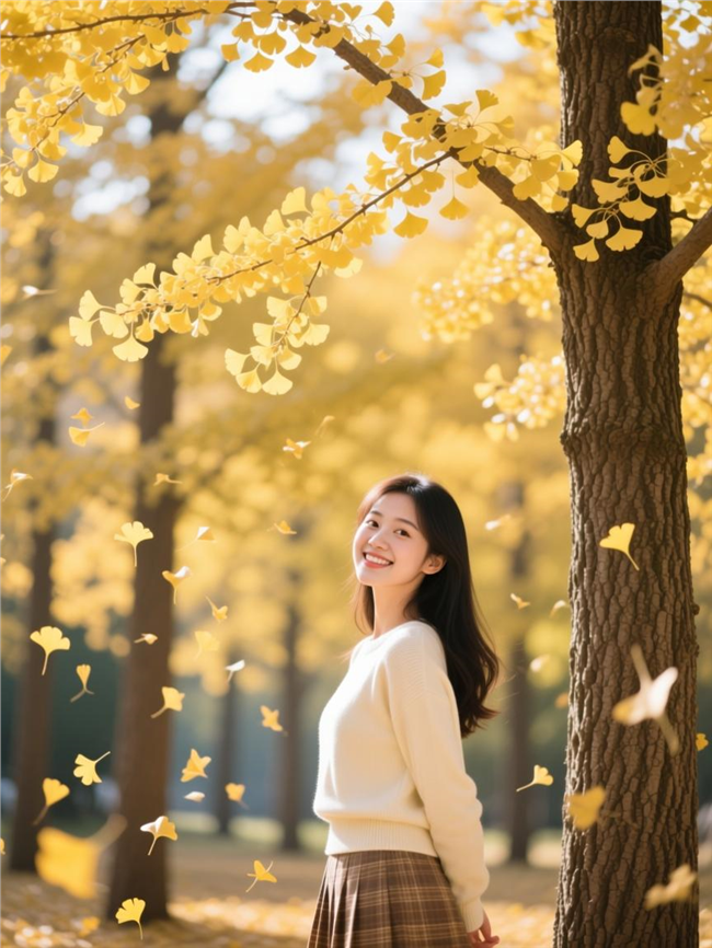 秋天黄色银杏树林美女写真图片