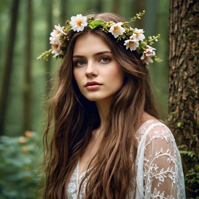 树林里戴着花环的欧美美女图片