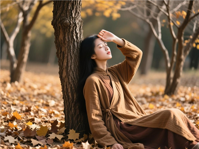 树林秋日长衫美女摄影图片