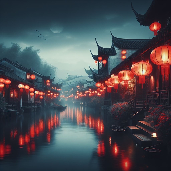 夜晚江南水乡张灯结彩过新年图片