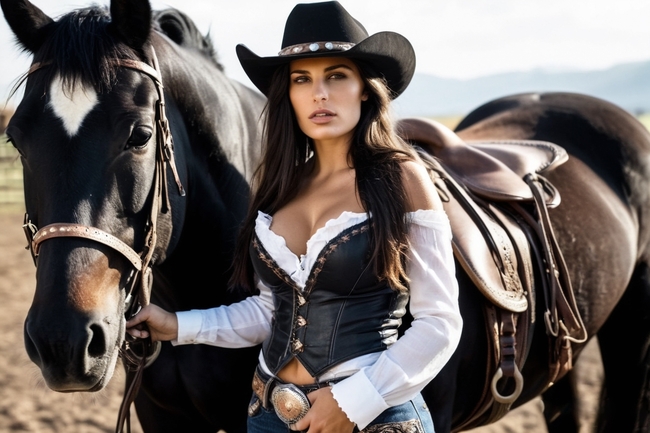 牵着黑色骏马的性感美女图片