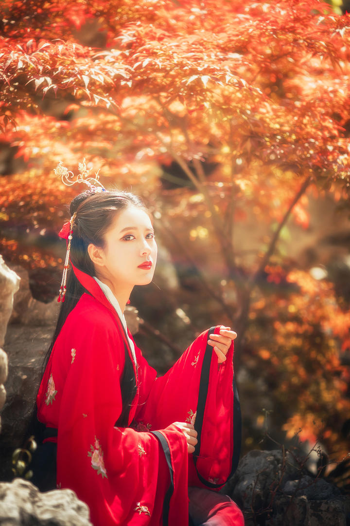 秋天树林中的唯美古装美女艺术摄影图片