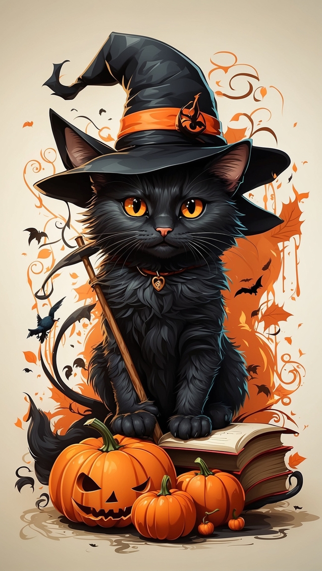 万圣节小黑猫南瓜灯卡通插画图片