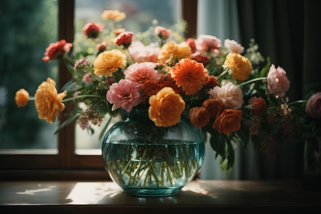 室内窗台置放的五颜六色插花图片
