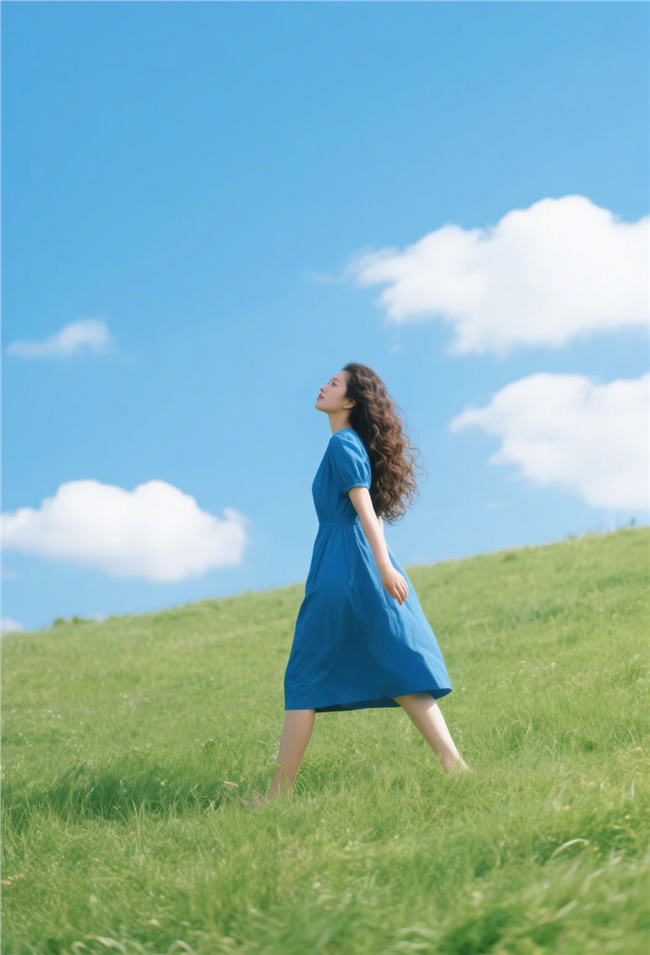 蓝天白云绿色草地蓝色长裙美女摄影图片
