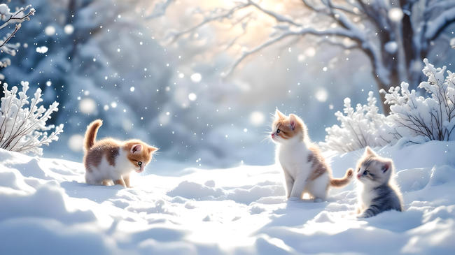 冬季雪地可爱小猫咪玩耍图片