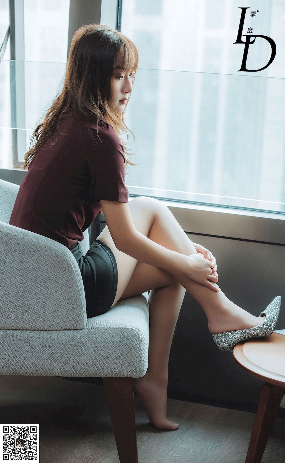 LD零度模特李倩酒红短袖衬衫肉丝系列腿控福利