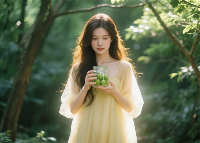 手捧青果低眸的黄色纱裙美女图片