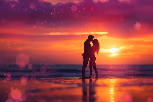 日暮黄昏海边意境情侣写真摄影图片